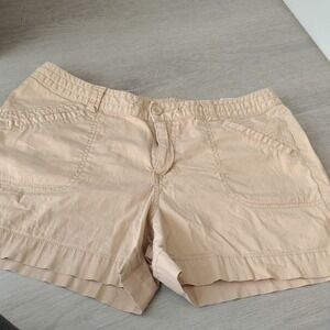 Khaki Tan Cargo Utility Shorts Womens Mid Rise Front Patch Pockets Relaxed Fit